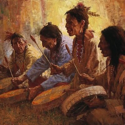 Photo of the Painting Four Sacred by Drummers by Howard Terpning